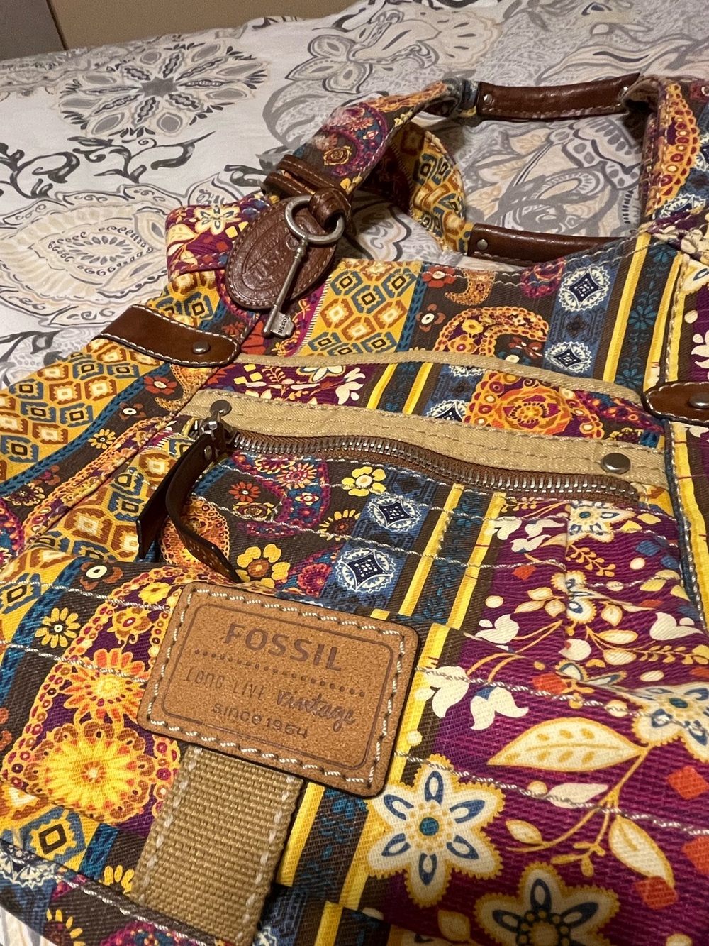 FOSSIL Long Live Vintage Paisley/Floral Canvas Shoulder Bag - Picture 3 of 16